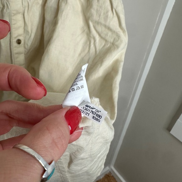 Aerie Women's Linen Blend Button Front Smocked Back Tie Strap Mini Dress Cream L - Picture 4 of 7